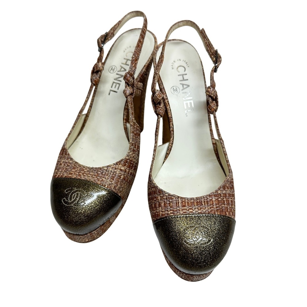 Chanel Tweed CC‎ Interlocking Bronze Raffia Slingback Platform Heels Cap Toe 37 - Picture 11 of 13